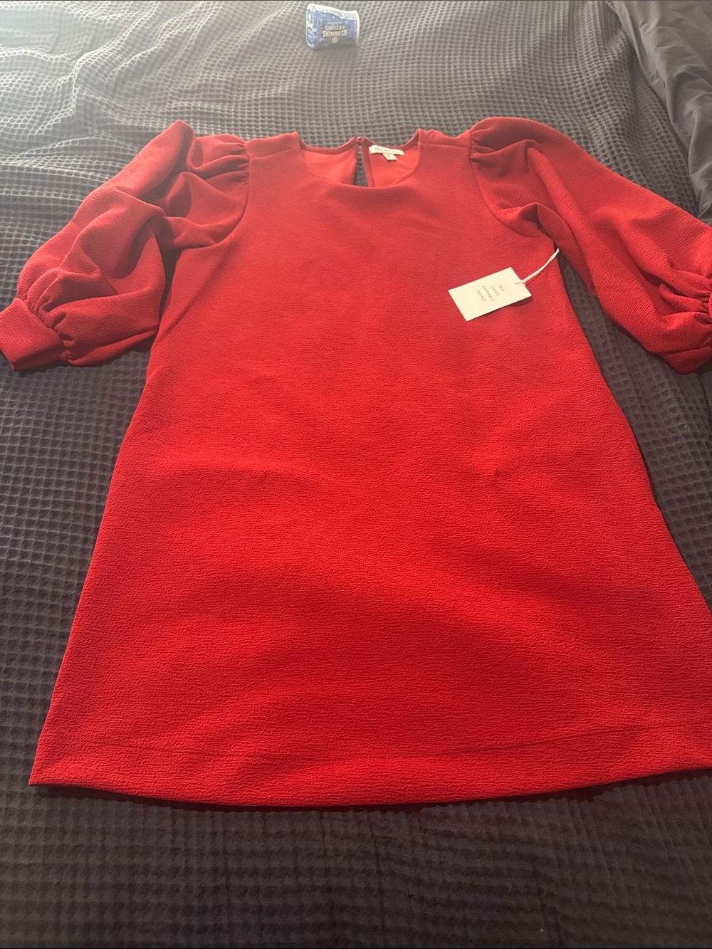 Red Puff-Sleeve Long-Sleeve Shift Dress